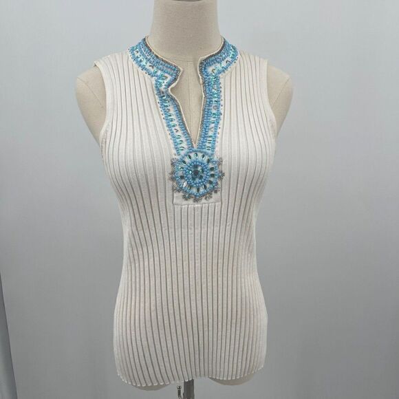 Belldini womans top large turquoise beaded neckline sleeveless white ribbed - Picture 1 of 2